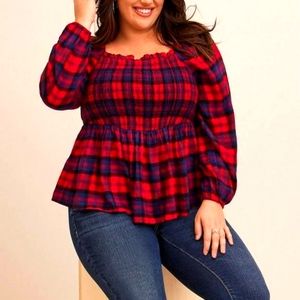 torrid Red & Navy Plaid Smocked Peplum Blouse